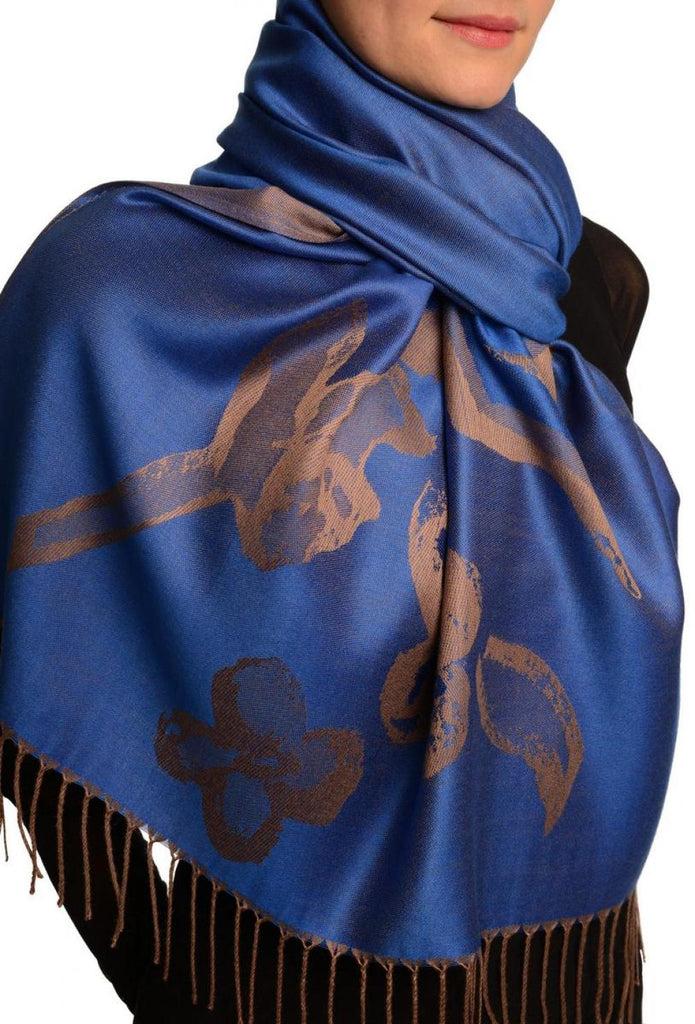 Liss Kiss Roses On Persian Blue Pashmina Feel With Tassels - Scarf