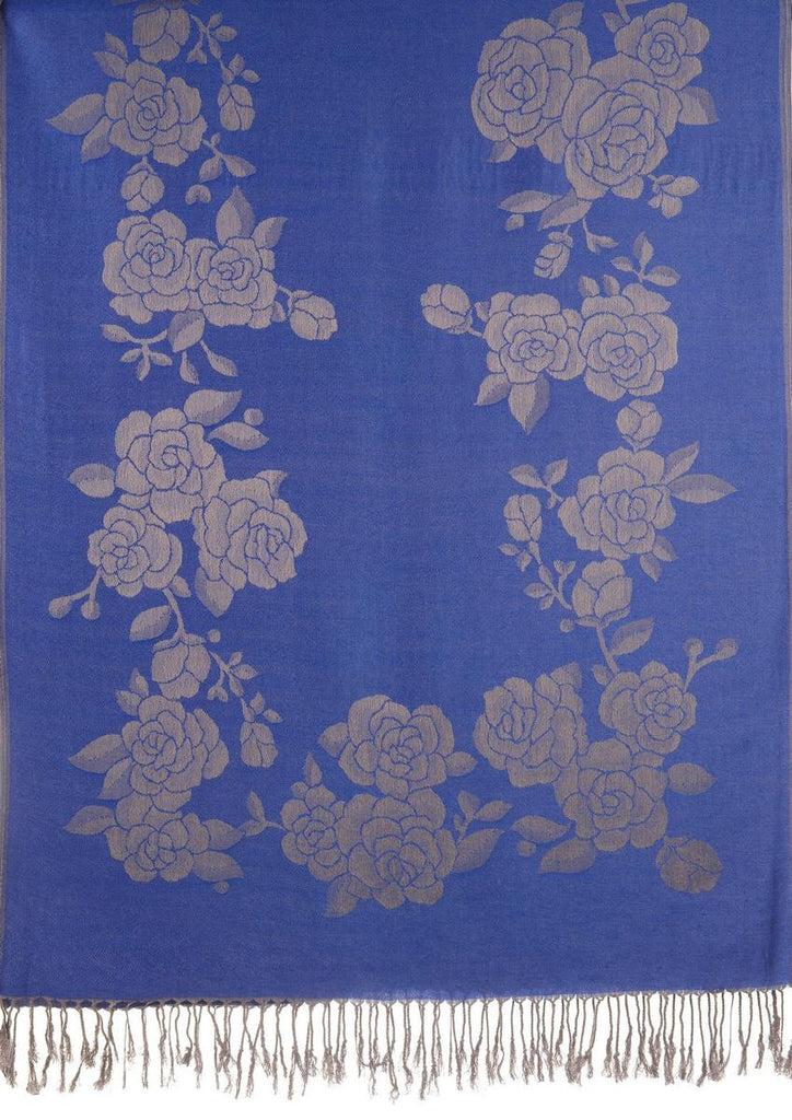 Liss Kiss Roses On Persian Blue Pashmina With Tassels - Scarf