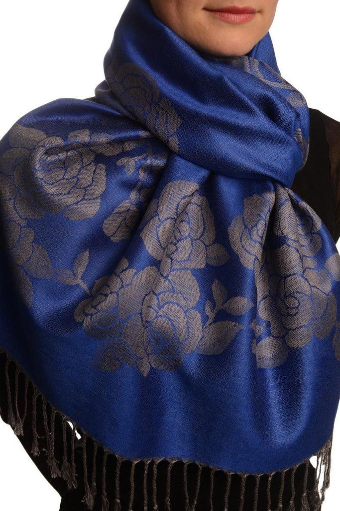 Liss Kiss Roses On Persian Blue Pashmina With Tassels - Scarf