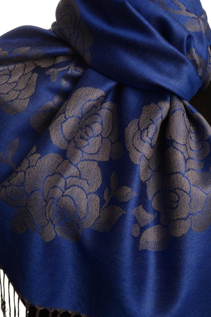Liss Kiss Roses On Persian Blue Pashmina With Tassels - Scarf