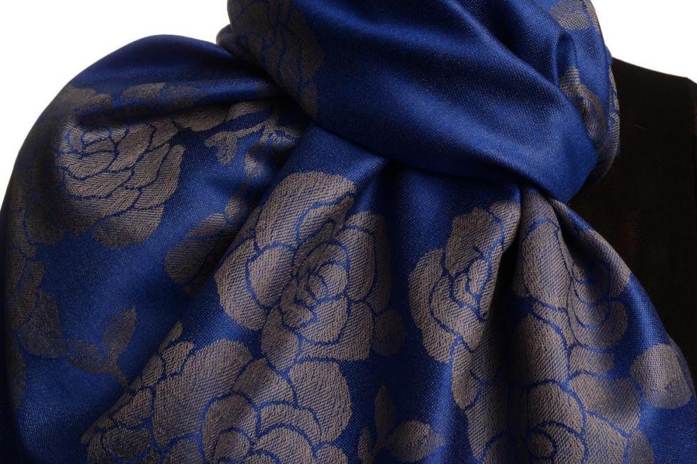 Liss Kiss Roses On Persian Blue Pashmina With Tassels - Scarf