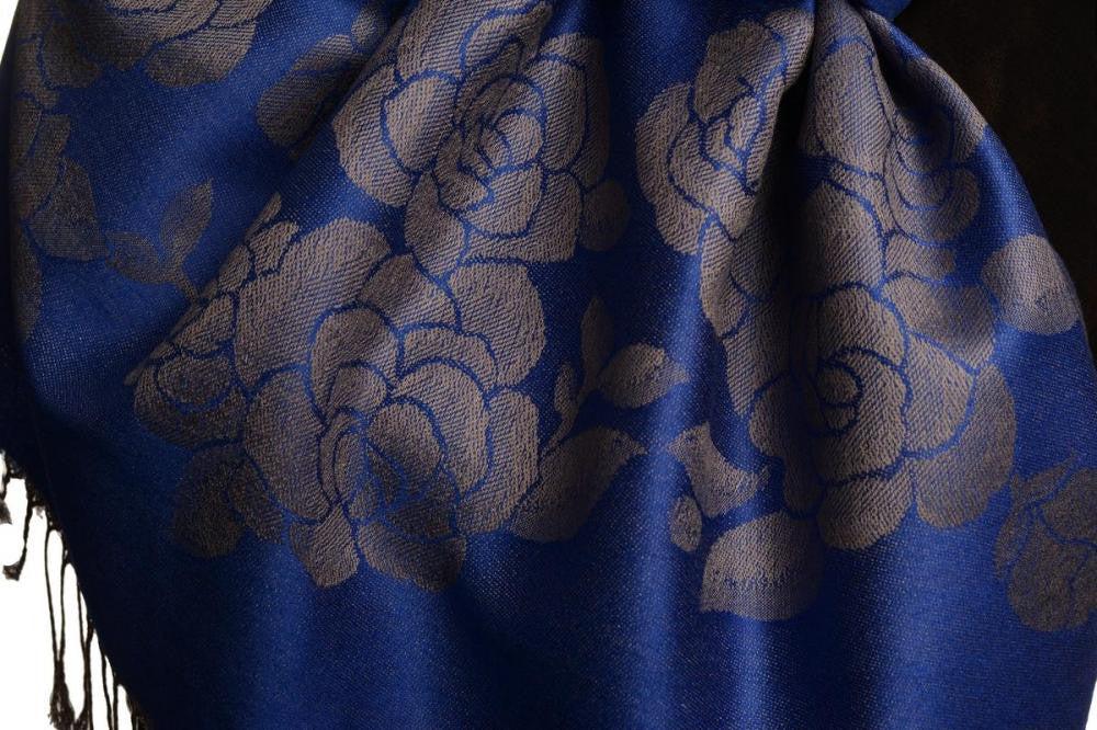 Liss Kiss Roses On Persian Blue Pashmina With Tassels - Scarf