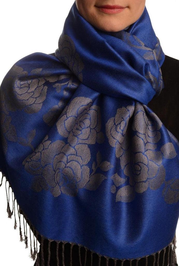 liss kiss Roses On Persian Blue Pashmina With Tassels - Scarf