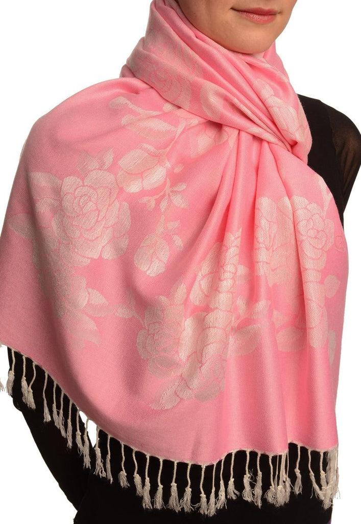 Liss Kiss Roses On Pink Pashmina With Tassels - Scarf
