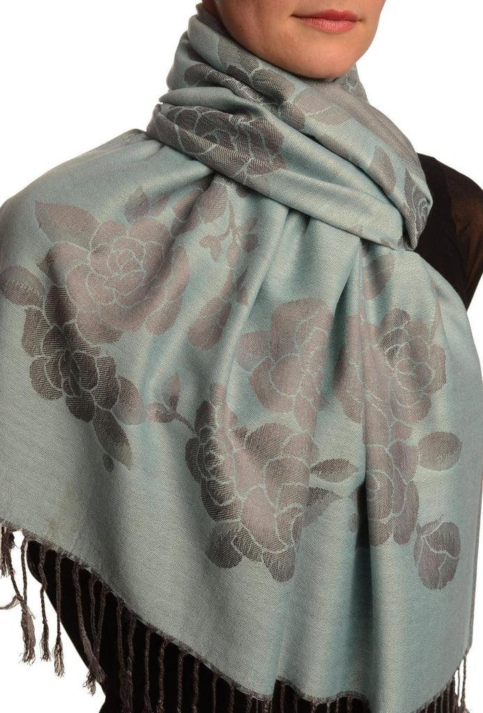Liss Kiss Roses On Powder Blue Pashmina With Tassels - Scarf