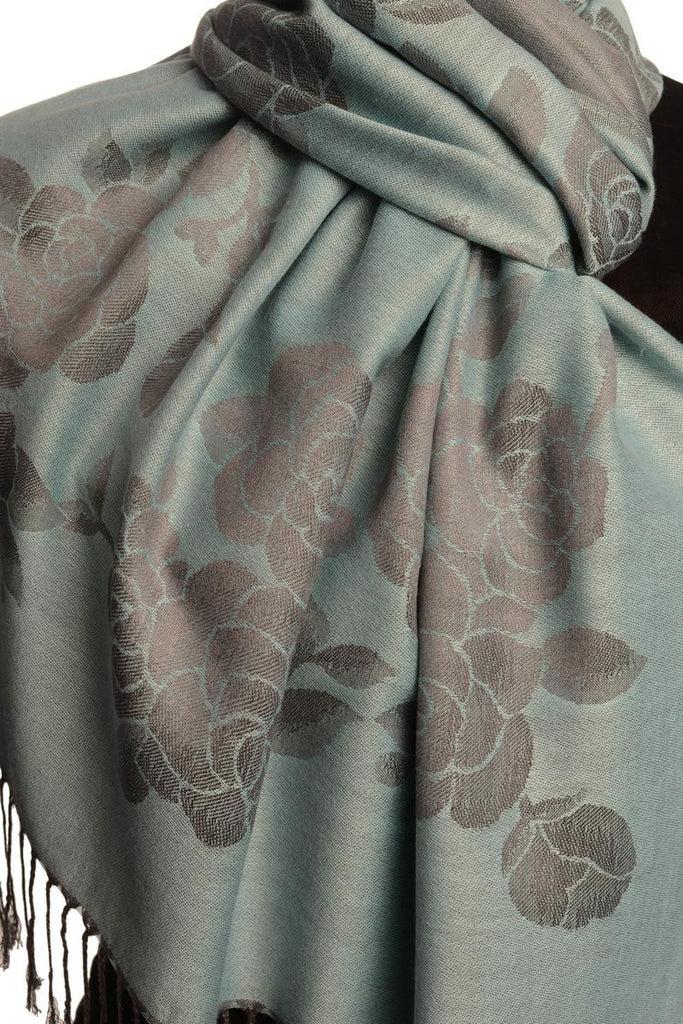 Liss Kiss Roses On Powder Blue Pashmina With Tassels - Scarf