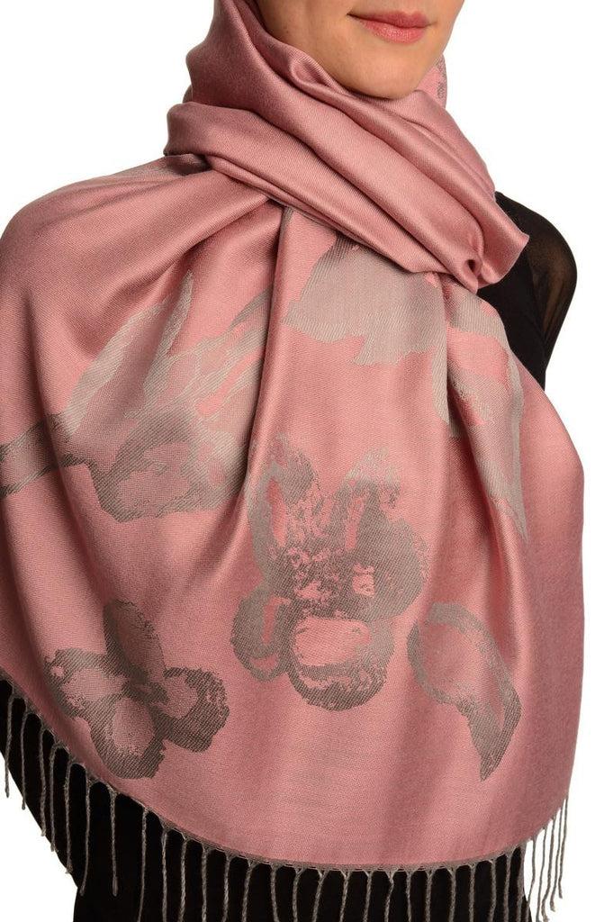 Liss Kiss Roses On Puce Pink Pashmina Feel With Tassels - Scarf