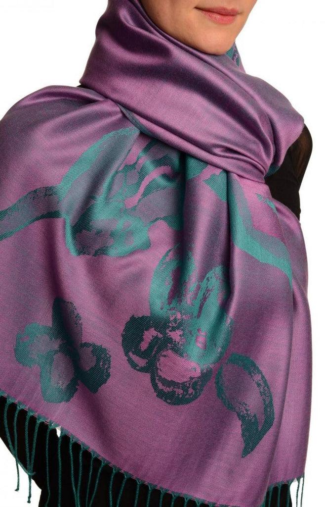 Liss Kiss Roses On Purple Pashmina Feel With Tassels - Scarf