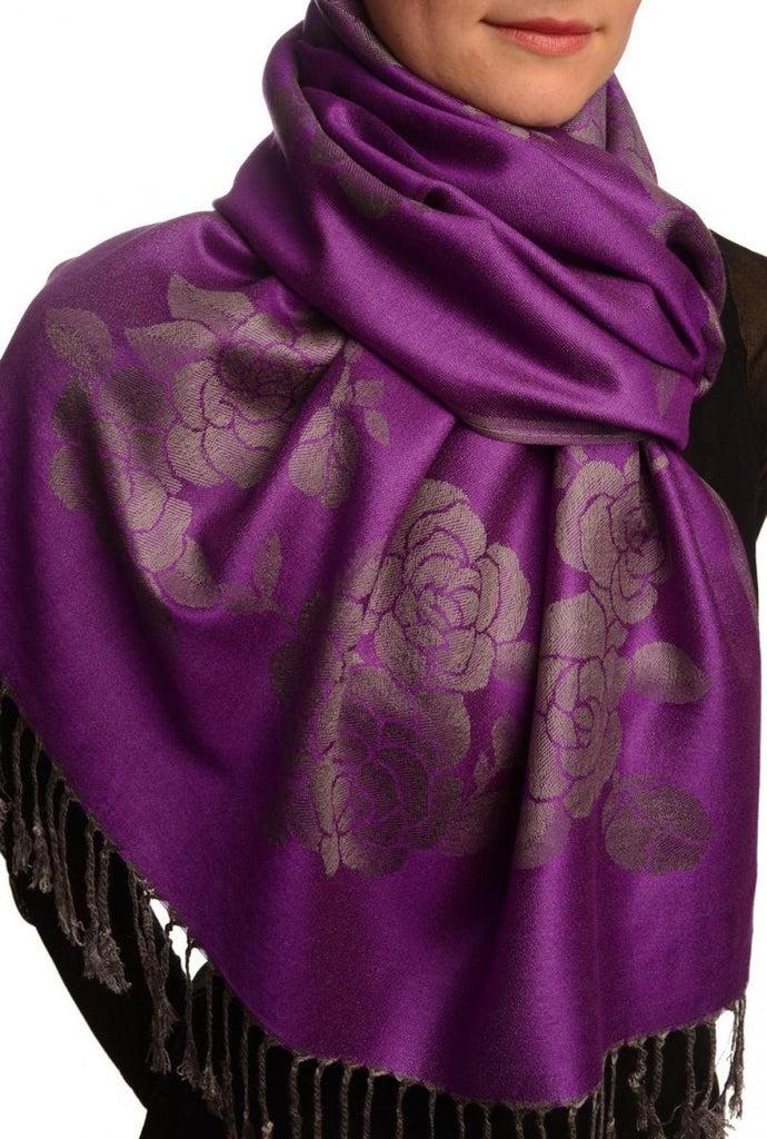 Liss Kiss Roses On Purple Pashmina With Tassels - Scarf