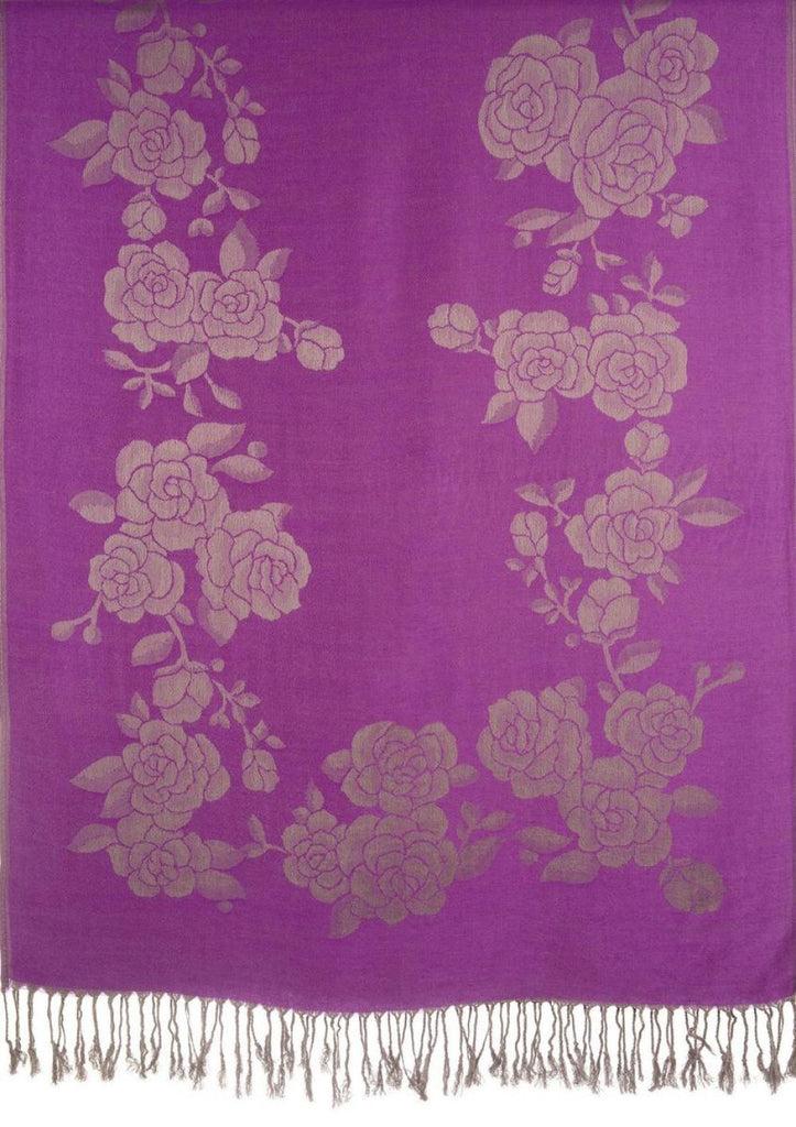 Liss Kiss Roses On Purple Pashmina With Tassels - Scarf