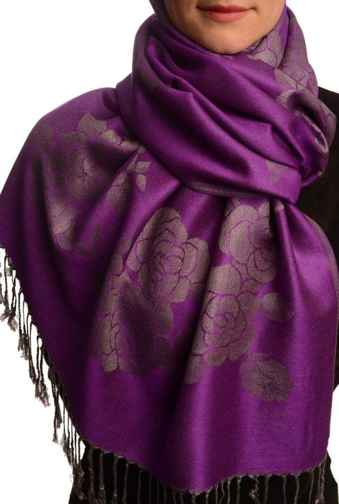 liss kiss Roses On Purple Pashmina With Tassels - Scarf
