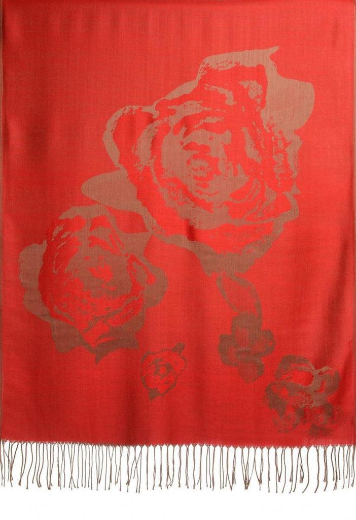 Liss Kiss Roses On Red Pashmina Feel With Tassels - Scarf