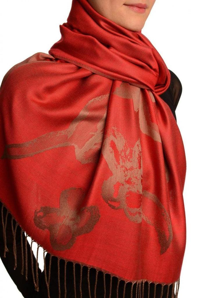 Liss Kiss Roses On Red Pashmina Feel With Tassels - Scarf