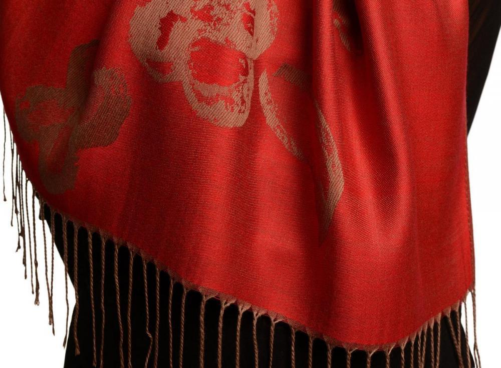 Liss Kiss Roses On Red Pashmina Feel With Tassels - Scarf