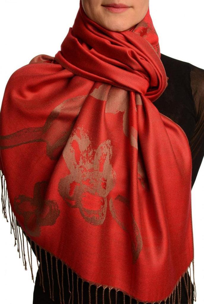 liss kiss Roses On Red Pashmina Feel With Tassels - Scarf
