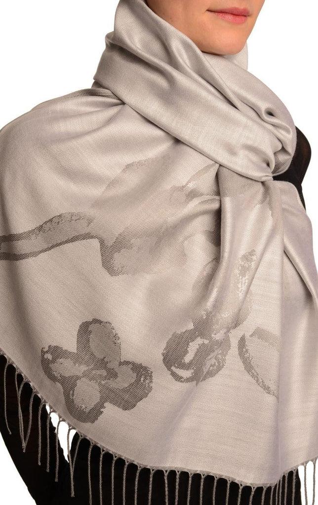 Liss Kiss Roses On Silver Grey Pashmina Feel With Tassels - Scarf