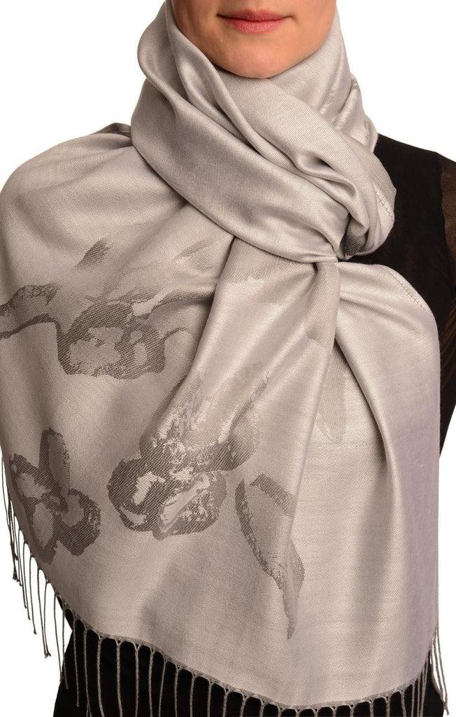 liss kiss Roses On Silver Grey Pashmina Feel With Tassels - Scarf