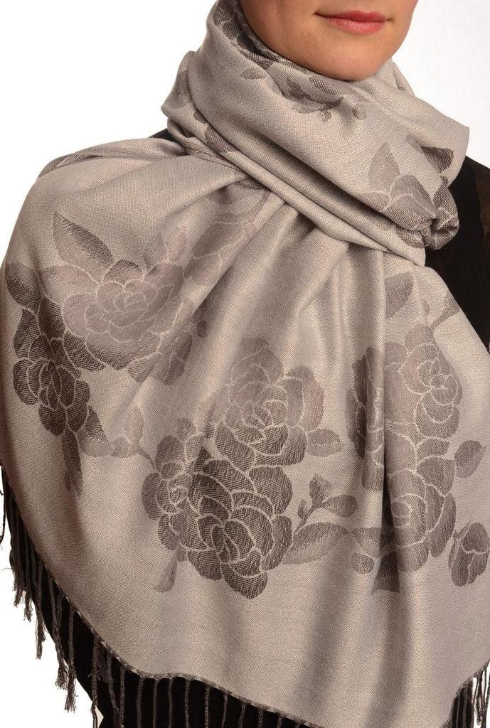 Liss Kiss Roses On Silver Grey Pashmina With Tassels - Scarf