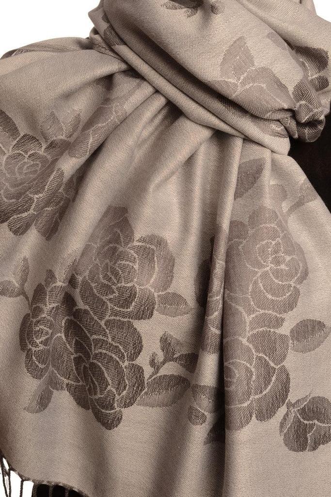 Liss Kiss Roses On Silver Grey Pashmina With Tassels - Scarf