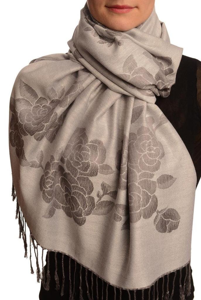 liss kiss Roses On Silver Grey Pashmina With Tassels - Scarf