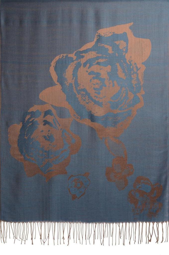 Liss Kiss Roses On Steel Blue Pashmina Feel With Tassels - Scarf