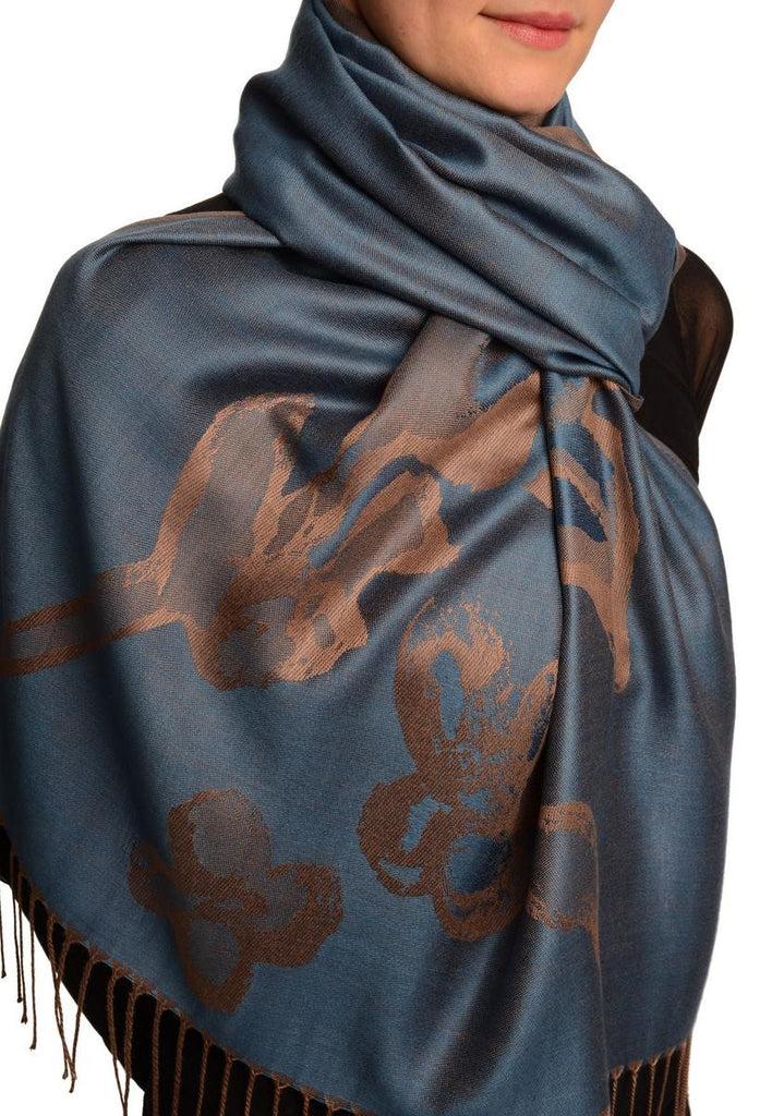 Liss Kiss Roses On Steel Blue Pashmina Feel With Tassels - Scarf