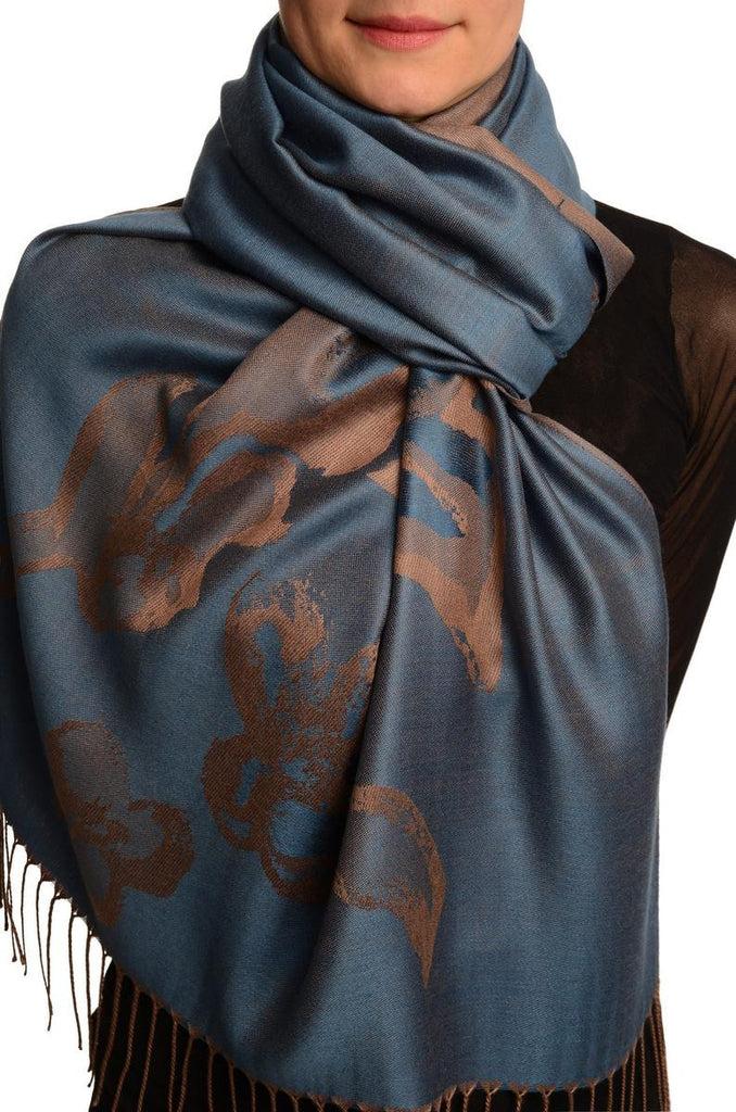 liss kiss Roses On Steel Blue Pashmina Feel With Tassels - Scarf