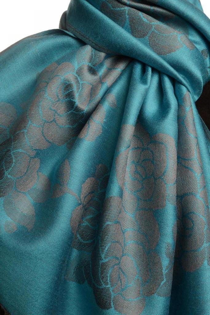 Liss Kiss Roses On Steel Blue Pashmina With Tassels - Scarf