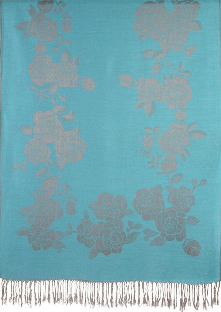 Liss Kiss Roses On Steel Blue Pashmina With Tassels - Scarf