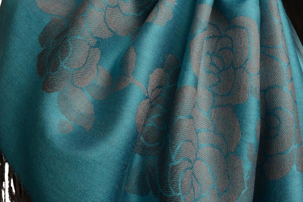 Liss Kiss Roses On Steel Blue Pashmina With Tassels - Scarf