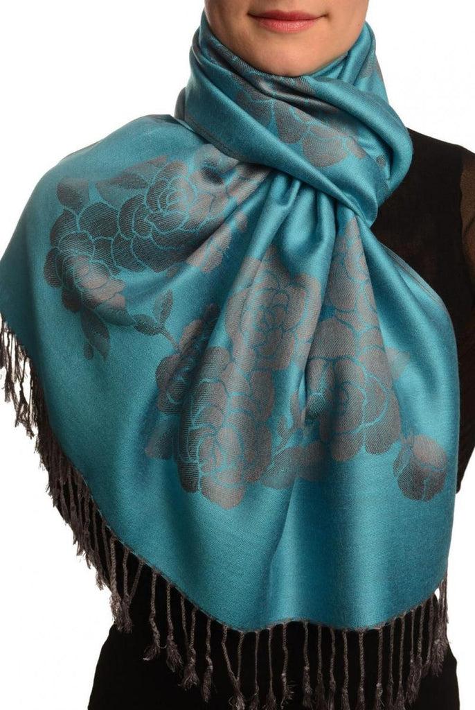 liss kiss Roses On Steel Blue Pashmina With Tassels - Scarf