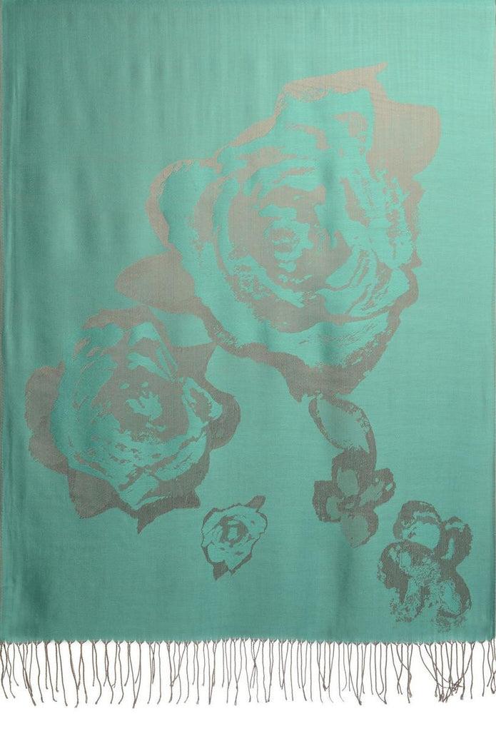 Liss Kiss Roses On Teal Blue Pashmina Feel With Tassels - Scarf