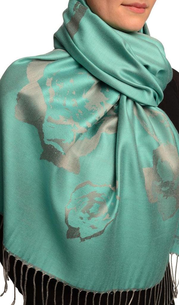 Liss Kiss Roses On Teal Blue Pashmina Feel With Tassels - Scarf