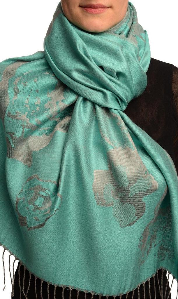 liss kiss Roses On Teal Blue Pashmina Feel With Tassels - Scarf