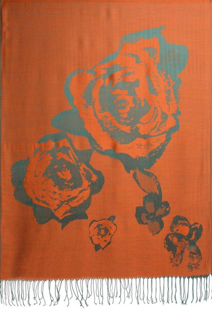 Liss Kiss Roses On Terracotta Pashmina Feel With Tassels - Scarf