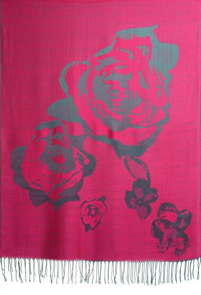 Liss Kiss Roses On Violet Pink Pashmina Feel With Tassels - Scarf