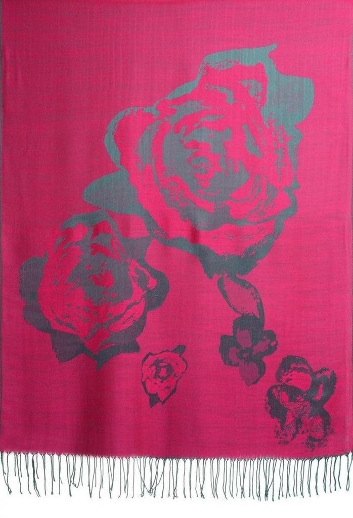 Liss Kiss Roses On Violet Pink Pashmina Feel With Tassels - Scarf