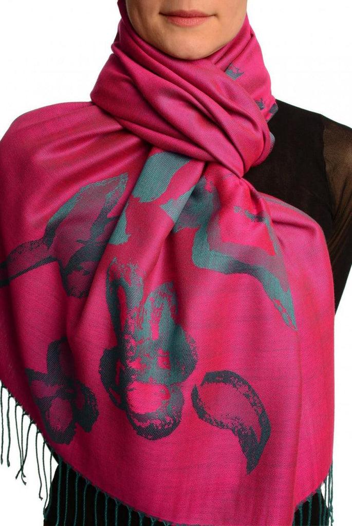 liss kiss Roses On Violet Pink Pashmina Feel With Tassels - Scarf
