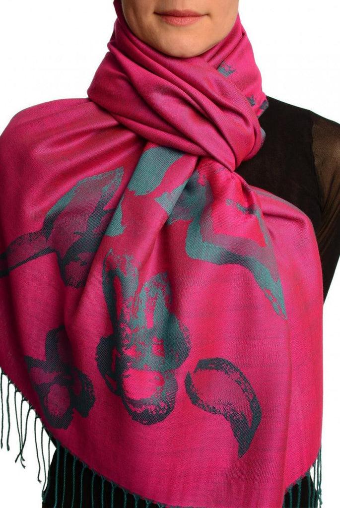 liss kiss Roses On Violet Pink Pashmina Feel With Tassels - Scarf