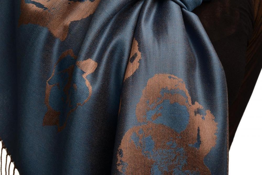 Liss Kiss Roses On Yale Blue Pashmina Feel With Tassels - Scarf