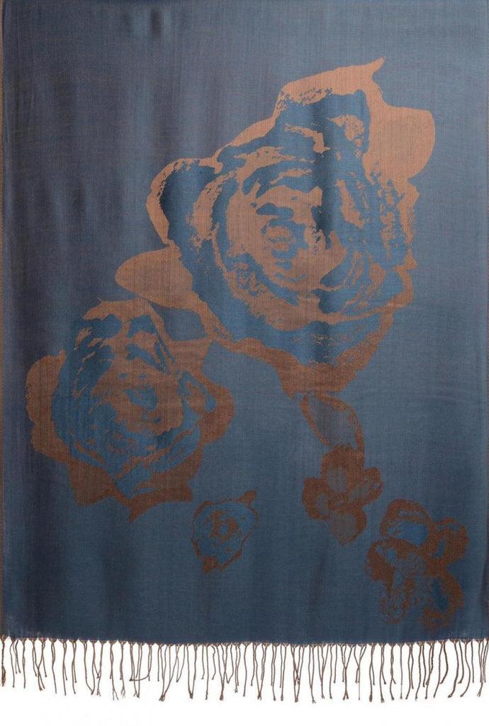 Liss Kiss Roses On Yale Blue Pashmina Feel With Tassels - Scarf