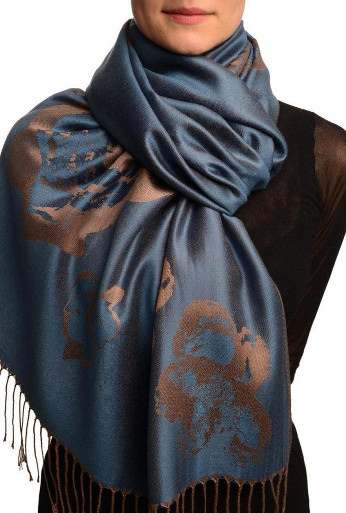 liss kiss Roses On Yale Blue Pashmina Feel With Tassels - Scarf