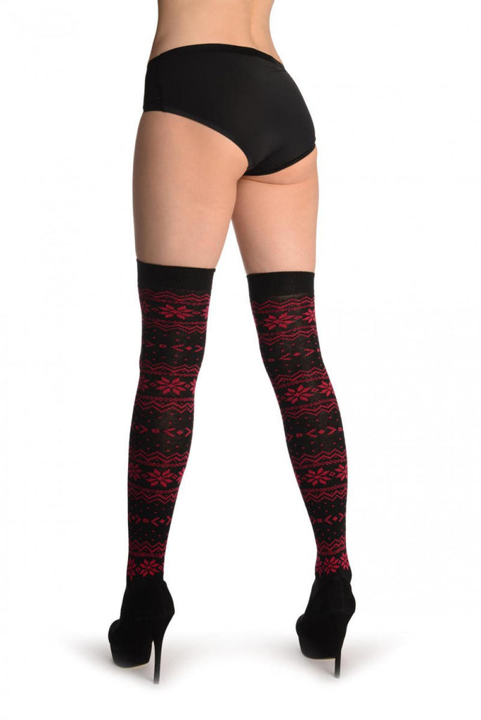 Liss Kiss Ruby Red Nordic Stencil On Black - Over The Knee Socks