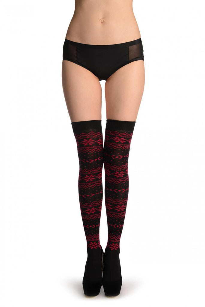 Liss Kiss Ruby Red Nordic Stencil On Black - Over The Knee Socks