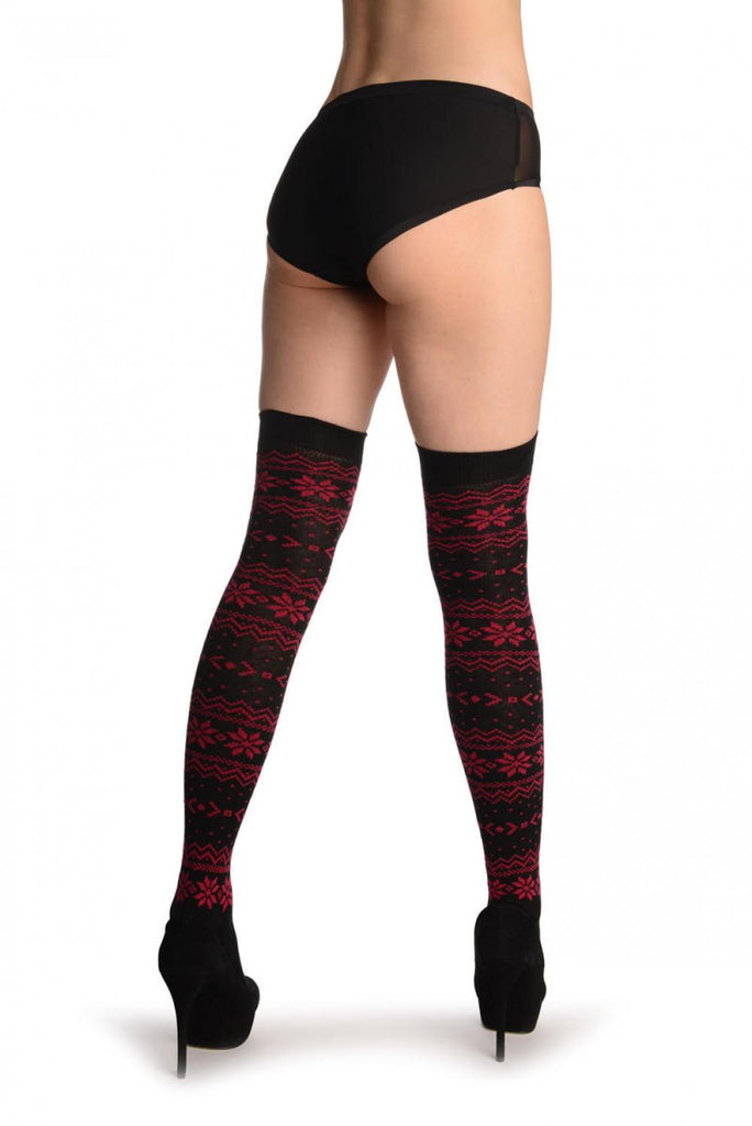 Liss Kiss Ruby Red Nordic Stencil On Black - Over The Knee Socks