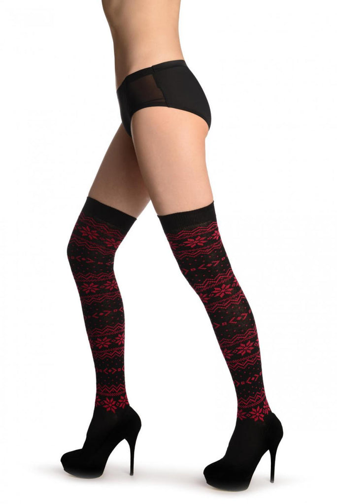 Liss Kiss Ruby Red Nordic Stencil On Black - Over The Knee Socks