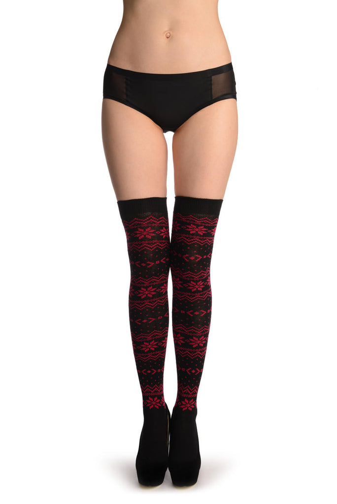 Liss Kiss Ruby Red Nordic Stencil On Black - Over The Knee Socks