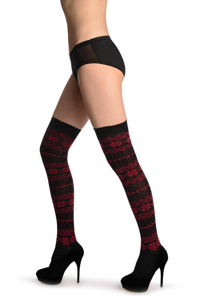 Liss Kiss Ruby Red Nordic Stencil On Black - Over The Knee Socks