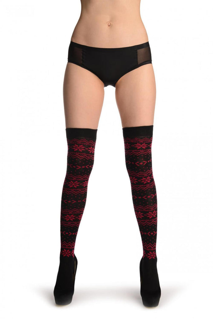 Liss Kiss Ruby Red Nordic Stencil On Black - Over The Knee Socks
