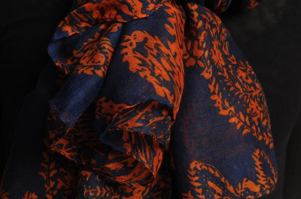 Liss Kiss Rust Fern Leaves On Dark Blue Unisex Scarf & Beach Sarong - Scarf